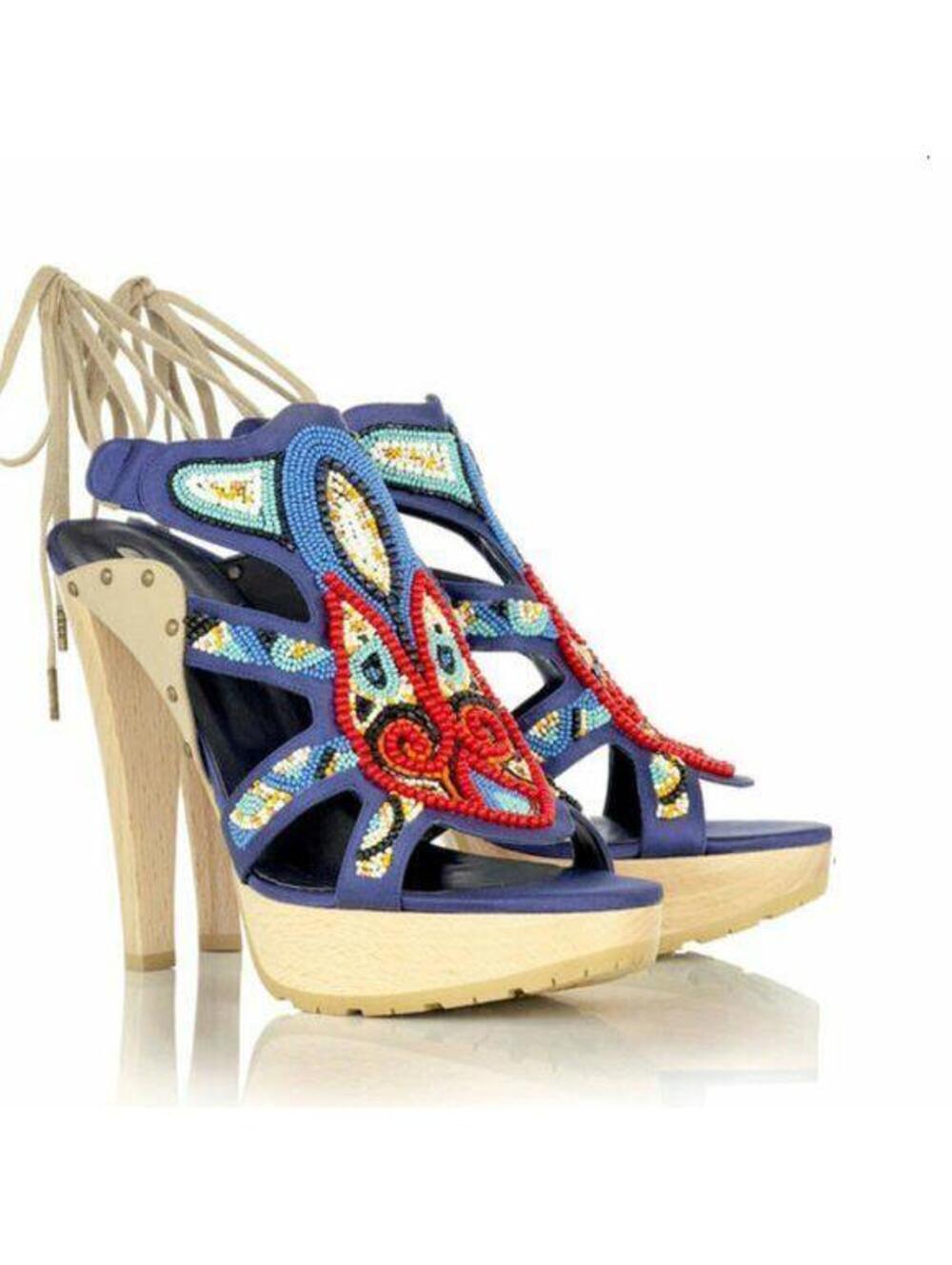 Stella McCartney Multi Color Beaded Blue Satin High Leg Lug Sole Sandal Sz 36.5 - Picture 2 of 8